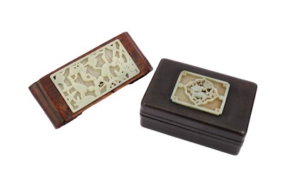 Lot 612 - A CHINESE JADE-INSET HARWOOD BOX AND COVER AND A STAND.