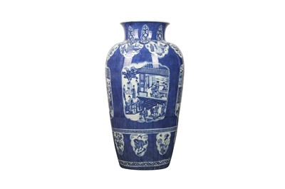 Lot 138 - A CHINESE BLUE AND WHITE POWDER BLUE-GROUND SOLDIER VASE.