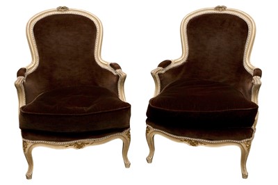 Lot 255 - A PAIR OF LOUIS XV STYLE BERGERE ARMCHAIRS, 20TH CENTURY