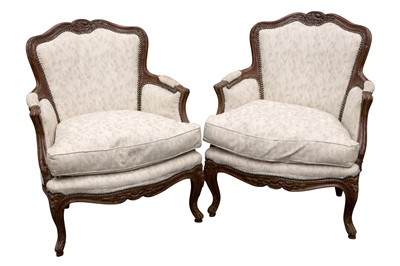 Lot 256 - A PAIR OF FRENCH LOUIS XV STYLE BERGERE ARMCHAIRS