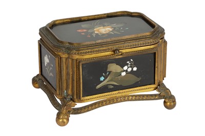 Lot 285 - A CONTINENTAL BRASS AND PIETRA DURA CASKET, LATE 19TH CENTURY
