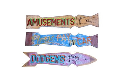Lot 258 - A SET OF THREE EARLY HANGING PAINTED WOOD FAIRGROUND SIGNS