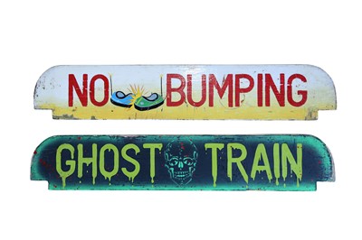 Lot 259 - TWO ORIGINAL PAINTED WOOD FAIRGROUND SIGNS 'GHOST TRAIN' AND 'NO BUMPING'