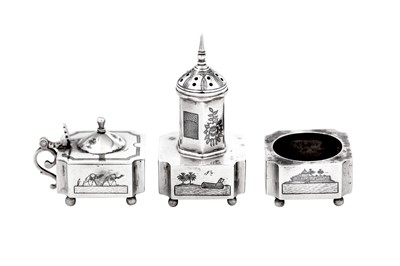 Lot 343 - An early 20th century Iraqi silver and niello three-piece cruet, circa 1920 possibly signed Yahoor
