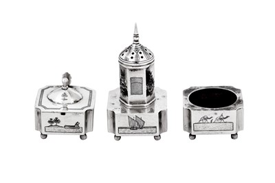 Lot 343 - An early 20th century Iraqi silver and niello three-piece cruet, circa 1920 possibly signed Yahoor