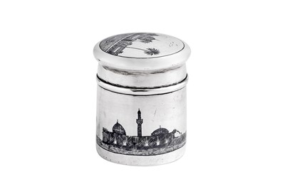 Lot 356 - An early 20th century Iraqi silver and niello tobacco jar or tea caddy,  Basra circa 1930-40