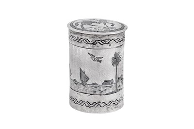 Lot 349 - A rare early 20th century Iraqi silver and niello tobacco jar or tea caddy, Nasiriyah circa 1910