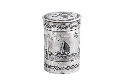 Lot 178 - A rare early 20th century Iraqi silver and niello tobacco jar or tea caddy, Nasiriyah circa 1910