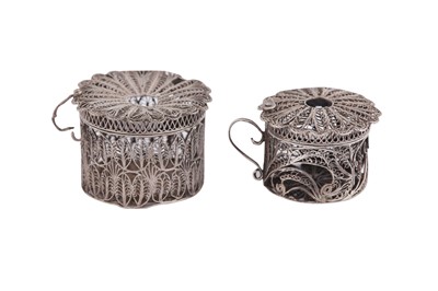 Lot 140 - TWO GEORGE III SILVER UNMARKED FILIGREE BOUGIE BOXES, PROBABLY BIRMINGHAM CIRCA 1780