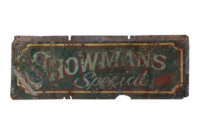 Lot 252 - A PAINTED METAL FAIRGROUND SIGN 'SHOWMAN'S SPECIAL' DATED 1937