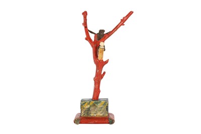 Lot 175 - A 19TH CENTURY PAINTED WOOD, FAUX CORAL AND BRONZE CRUCIFIX