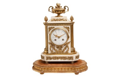 Lot 233 - A 19TH CENTURY WHITE MARBLE AND GILT BRONZE MANTEL CLOCK