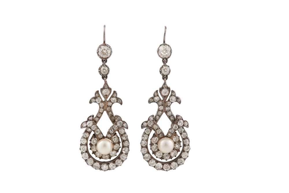 Lot 54 - A pair of cultured pearl and diamond pendent earrings