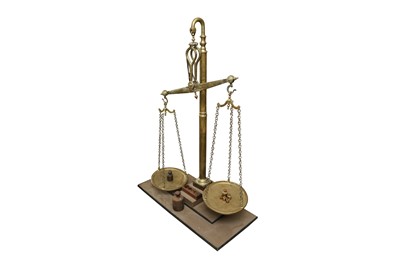 Lot 244 - A MASSIVE SET OF LATE 19TH CENTURY ENGLISH FLOOR STANDING BRASS WEIGHING SCALES