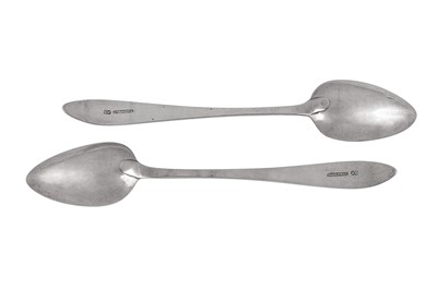 Lot 486 - A pair of George III Irish provincial silver gravy spoons, Cork circa 1780 by  John Nicholson (active circa 1756-1805)