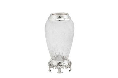 Lot 315 - A GEORGE V STERLING SILVER MOUNTED GLASS VASE, LONDON 1910 BY MAPPIN AND WEBB