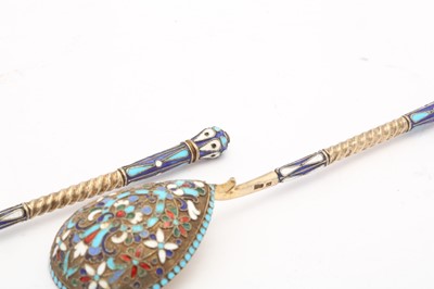 Lot 399 - A pair of Nicholas II Russian 84 zolotnik silver gilt and cloisonné enamel spoons, Moscow 1908-14 by Nikolai Nikolaievich Zverev (active 1908-14)