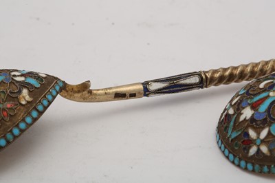 Lot 399 - A pair of Nicholas II Russian 84 zolotnik silver gilt and cloisonné enamel spoons, Moscow 1908-14 by Nikolai Nikolaievich Zverev (active 1908-14)