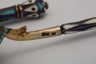 Lot 399 - A pair of Nicholas II Russian 84 zolotnik silver gilt and cloisonné enamel spoons, Moscow 1908-14 by Nikolai Nikolaievich Zverev (active 1908-14)