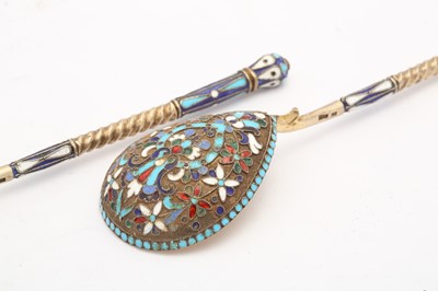 Lot 399 - A pair of Nicholas II Russian 84 zolotnik silver gilt and cloisonné enamel spoons, Moscow 1908-14 by Nikolai Nikolaievich Zverev (active 1908-14)
