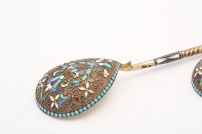 Lot 399 - A pair of Nicholas II Russian 84 zolotnik silver gilt and cloisonné enamel spoons, Moscow 1908-14 by Nikolai Nikolaievich Zverev (active 1908-14)