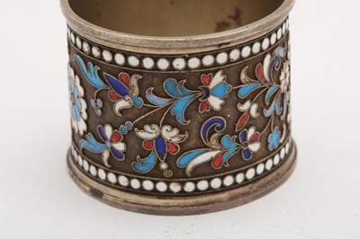 Lot 397 - A Nicholas II Russian 84 zolotnik silver gilt and cloisonné enamel napkin ring, Moscow 1898-1908, makers mark obscured