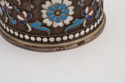 Lot 397 - A Nicholas II Russian 84 zolotnik silver gilt and cloisonné enamel napkin ring, Moscow 1898-1908, makers mark obscured
