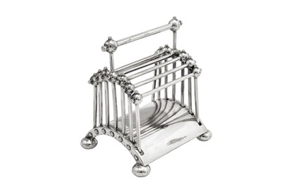 Lot 77 - A Victorian silver plated (EPNS) folding toast rack, Birmingham post-1881, designed by Dr Christopher Dresser (1834-1904) for Hukin and Heath