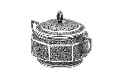 Lot 290 - An early 20th century Iranian (Persian) unmarked silver and champlevé enamel twin handled sugar bowl and cover, Isfahan or Rasht circa 1920-30