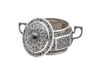 Lot 290 - An early 20th century Iranian (Persian) unmarked silver and champlevé enamel twin handled sugar bowl and cover, Isfahan or Rasht circa 1920-30