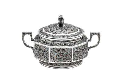 Lot 290 - An early 20th century Iranian (Persian) unmarked silver and champlevé enamel twin handled sugar bowl and cover, Isfahan or Rasht circa 1920-30
