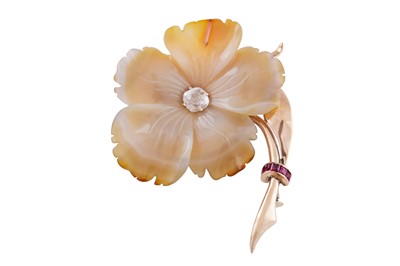 Lot 122 - An agate, ruby and diamond flower brooch, circa 1955
