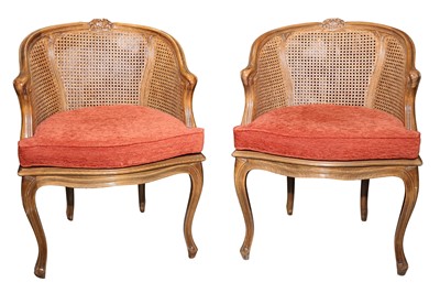Lot 189 - A PAIR OF FRENCH BEECH BERGERE TUB CHAIRS, LATE 20TH CENTURY