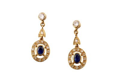 Lot 102 - A pair of sapphire and diamond pendent earrings