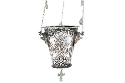 Lot 494 - A SILVER REPOUSSÉ AND OPENWORK CHRISTIAN CENSER