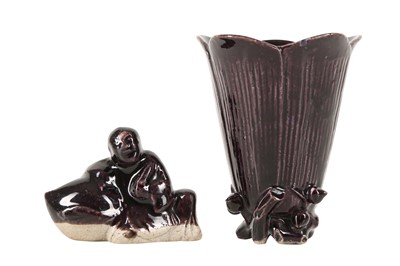 Lot 817 - A CHINESE AUBERGINE-GLAZED 'MAGNOLIA' CUP AND A WATER DROPPER.