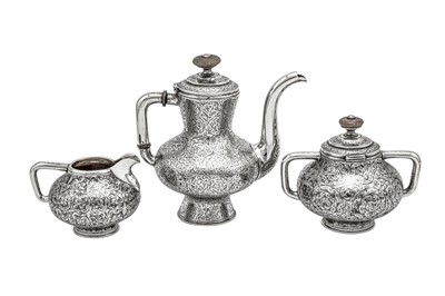 Lot 383 - An Alexander III late 19th century Russian 84 zolotnik silver and niello bachelor coffee set, Moscow 1888 by Gustav Klingert (active 1865-1917)