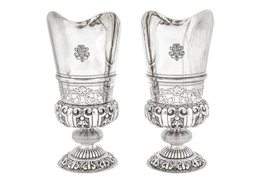 Lot 414 - A pair of early 20th century French 950 standard silver ewers, Paris circa 1920 by Jacques Risler (reg. 19th October 1920, biff. 7th feb 1927)