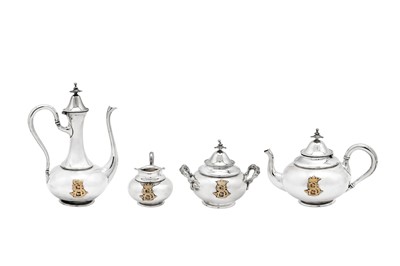 Lot 418 - A mid-19th century French 950 standard silver and gold mounted four-piece bachelor tea and coffee service, Paris circa 1860 by Maurice Mayer (reg. 19 Aug 1846)