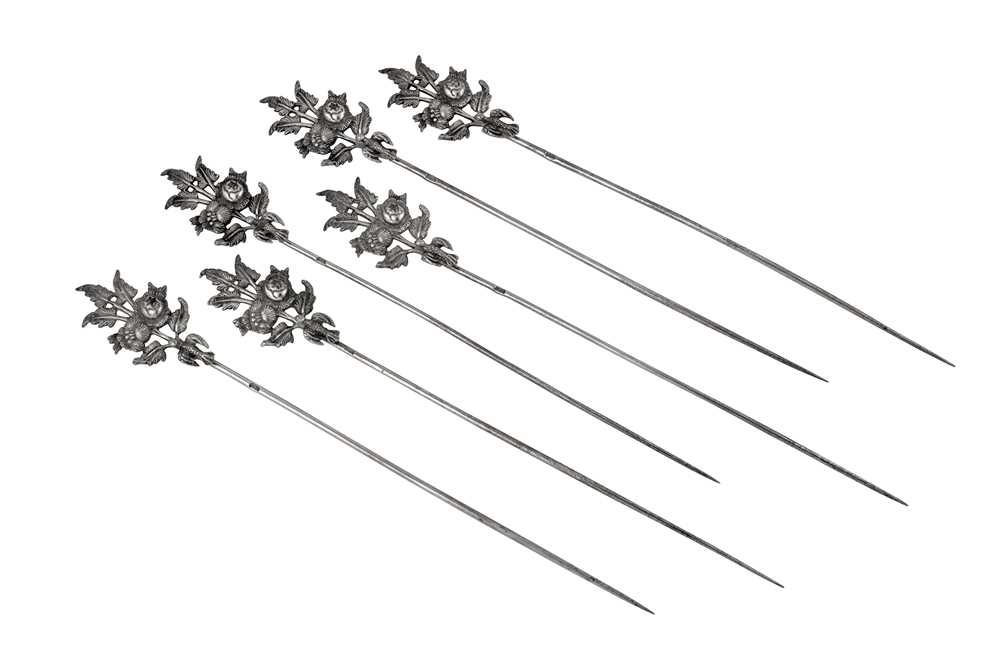 Lot 267 - A set of six late 19th century Egyptian silver kebab skewers, probably Cairo circa 1880 by Karabet Cizmeciyan