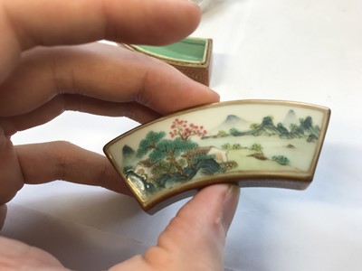 Lot 407 - A CHINESE FAN-SHAPED 'LANDSCAPE' BOX AND COVER.
