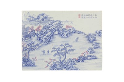 Lot 429 - A CHINESE BLUE AND PINK ENAMELLED 'LANDSCAPE' PORCELAIN PANEL.