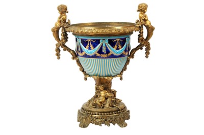 Lot 60 - A FRENCH GILT BRONZE AND SEVRES STYLE PORCELAIN URN, 19TH CENTURY
