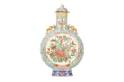 Lot 854 - A CHINESE FAMILLE ROSE BLUE-GROUND MOON FLASK AND COVER.