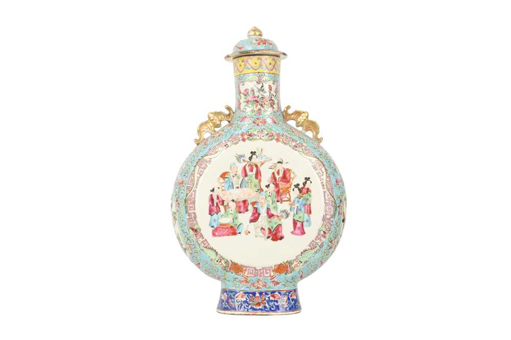 Lot 854 - A CHINESE FAMILLE ROSE BLUE-GROUND MOON FLASK AND COVER.