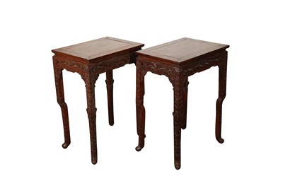 Lot 396 - A PAIR OF CHINESE WOOD CABRIOLE-LEG STANDS.
