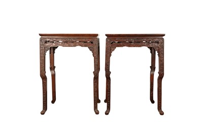 Lot 574 - A PAIR OF CHINESE CABRIOLE-LEG WOOD STANDS