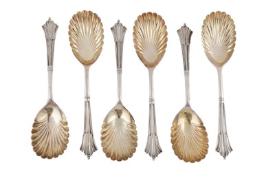 Lot 482 - A set of six Victorian sterling silver fruit serving spoons, Sheffield 1887/88 by Goldsmiths and Silversmiths