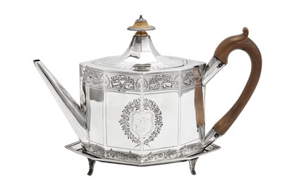 Lot 669 - A George III sterling silver teapot on stand, London 1795 by Peter and Ann Bateman, overstruck by George Gray