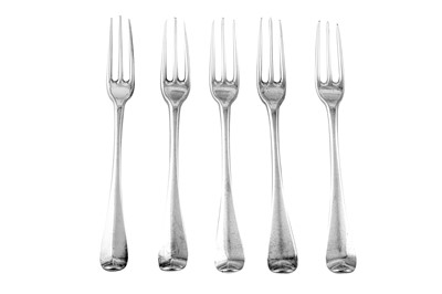 Lot 491 - A set of five George I Britannia standard silver table forks, London 1720 by Paul Hanet (reg. 7th March 1716)